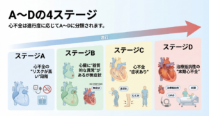 心不全のAからDのステージ分類のイメージ