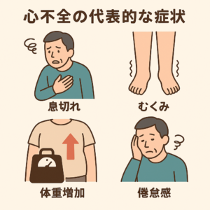 息切れやむくみなど心不全でみられる症状のイメージ