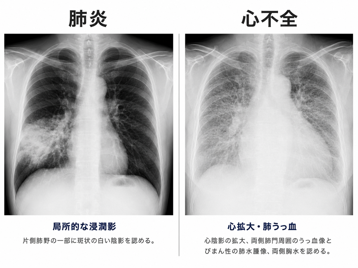 胸部レントゲンでわかる肺炎と心不全の主な所見の比較画像