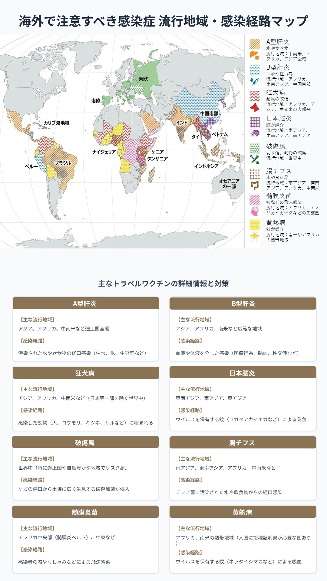 世界の渡航感染症の流行地域と感染経路のマップ
